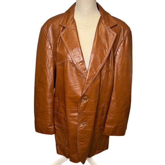 Vintage 70’s Sears Size 46 Tall Brown Orange Retro 2 Button Leather Jacket Coat - Picture 3 of 10